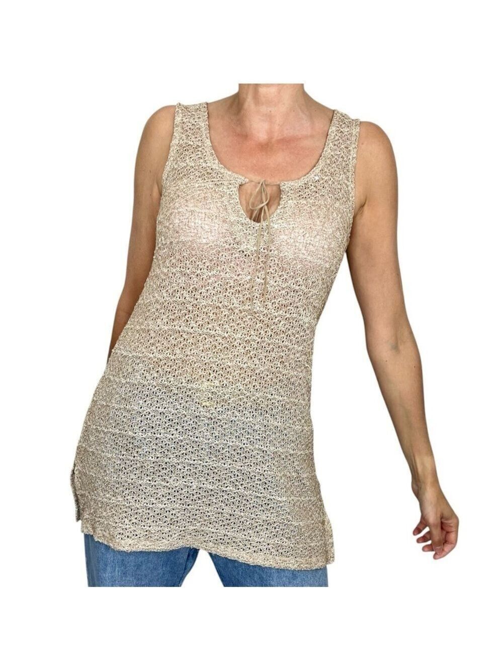 Vintage Canadian made beige tan open knit sequin sleeveless tunic tank top